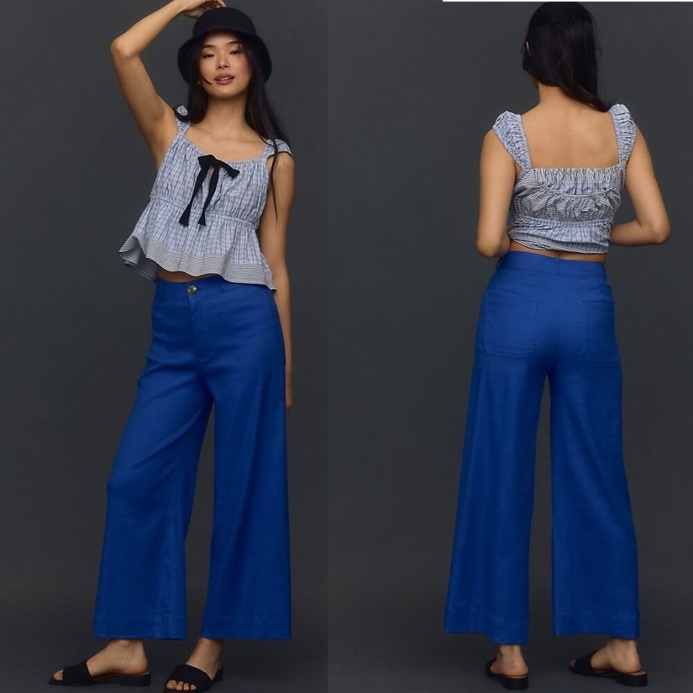 Anthropologie Royal Blue Wide-Leg Linen-Blend Pants